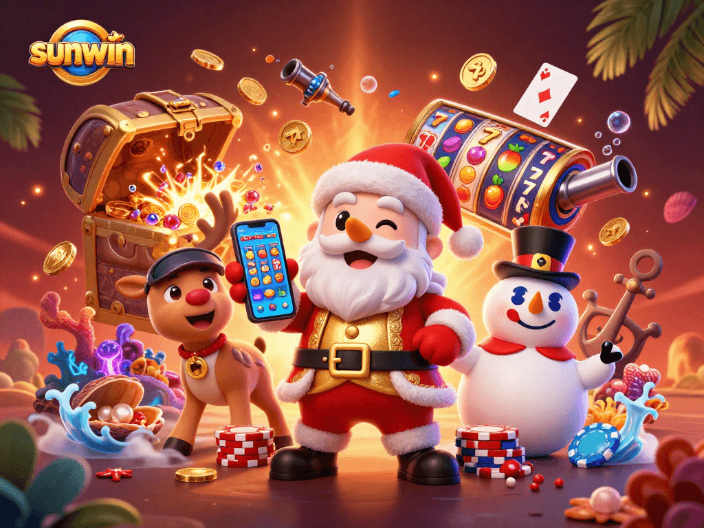 Experience the thrill of jackpots at sunwin with Santa, his reindeer, and a poker chip snowman!