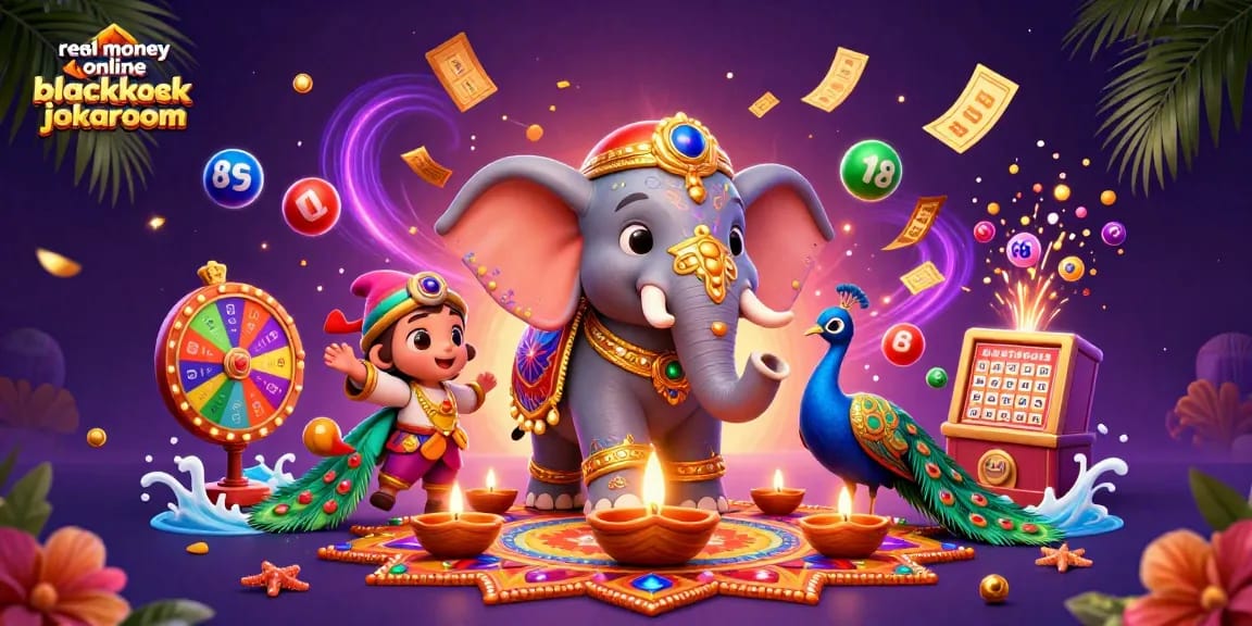 Experience real money online blackjack jokaroom amidst vibrant casino-themed elements and a celebratory atmosphere.