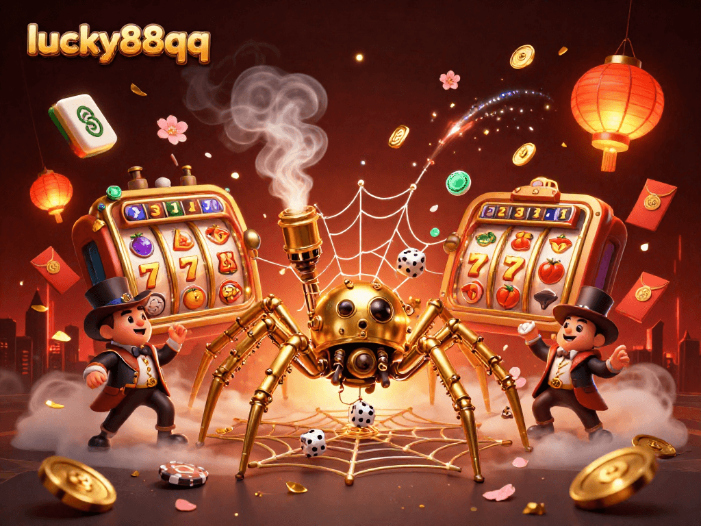 Experience the thrill of lucky88qq with vibrant slot reels and steampunk spider in a captivating scene.