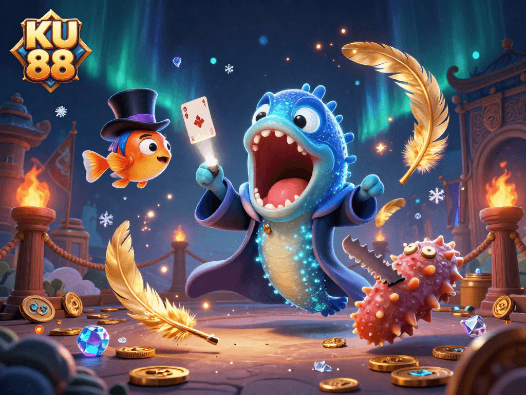 Experience the thrilling magic of KU 88 with an enchanting deep-sea gambling scene featuring vivid characters.