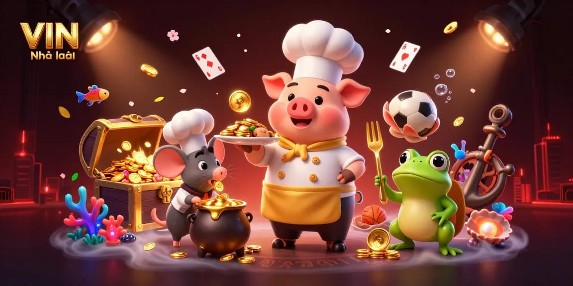 Engage with VIN Nhà cái's vibrant sports betting scene filled with gold coins and energetic characters.