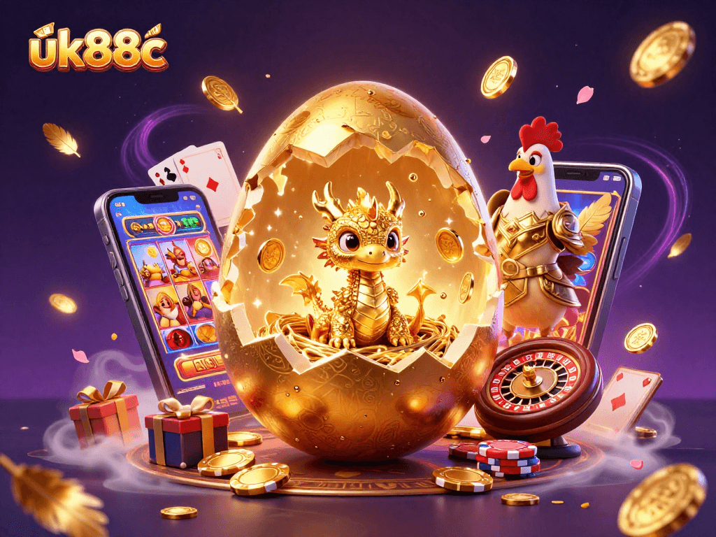 Experience magical wins at uk88c with a 3D golden dragon amidst vibrant casino elements.