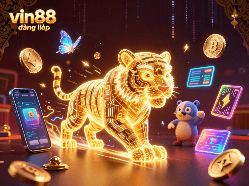 Join vin88 đăng nhập to win in a vibrant digital casino filled with glowing crypto elements.