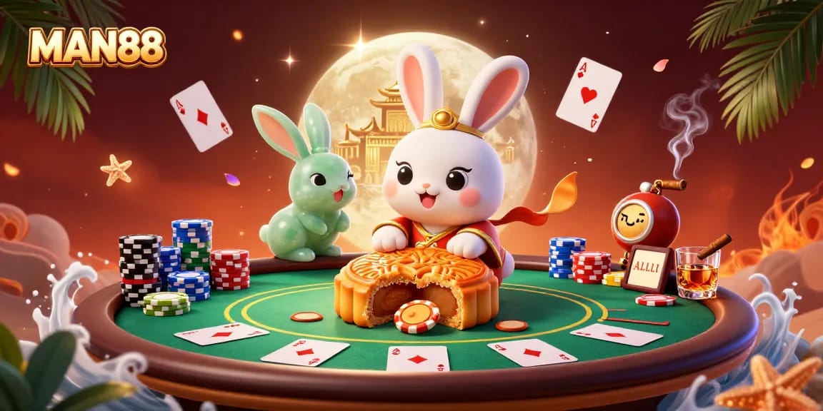Engage with MAN88's vibrant online casino atmosphere featuring poker elements amidst moonlit folklore.