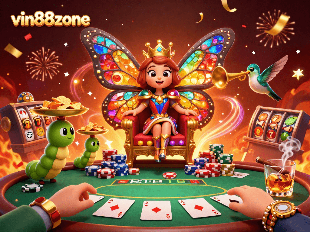 Play with excitement at vin88zone, where a vibrant butterfly queen presides over thrilling poker games.