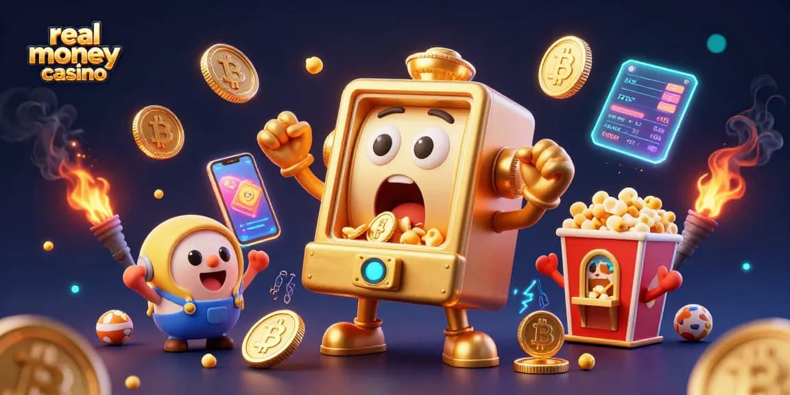 Spin to win at a real money casino with a joyful golden slot machine pouring coins
