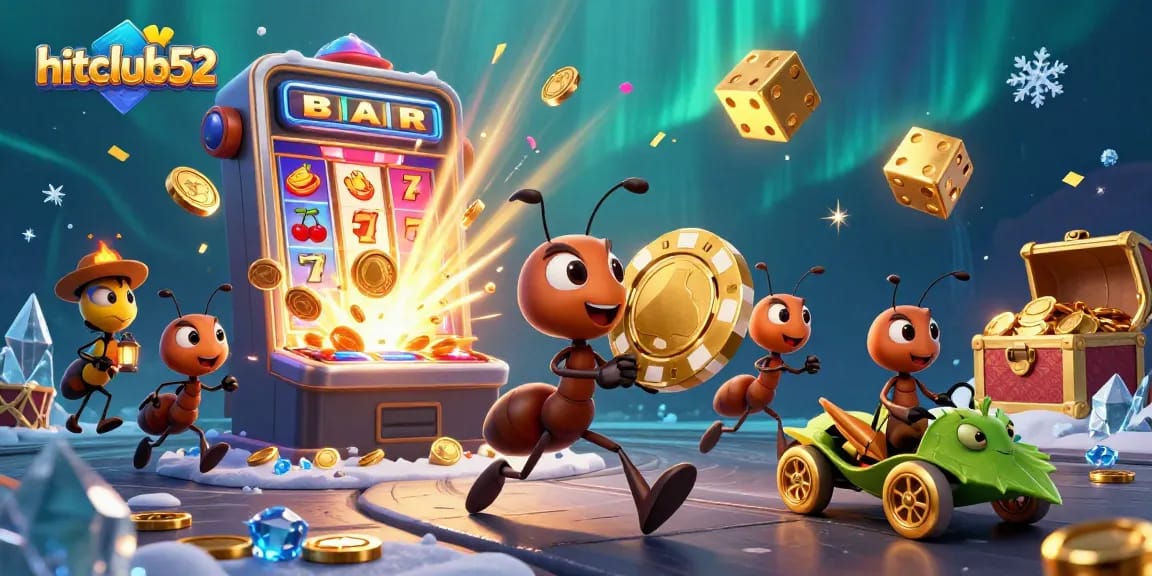Experience the thrill with hitclub52 as ants seize a giant poker chip amidst an exhilarating casino setting.