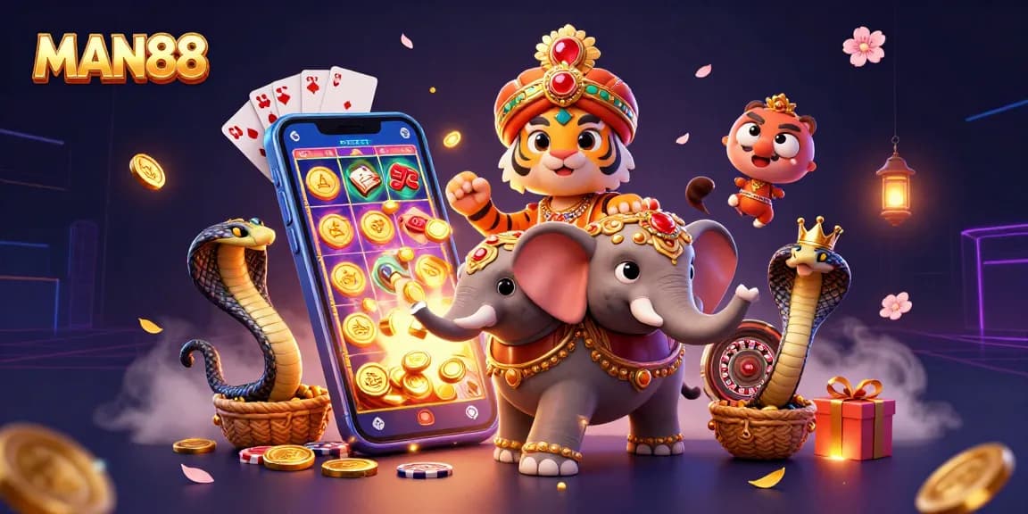 Experience thrilling gaming adventures with MAN88 in this vibrant casino-themed illustration.