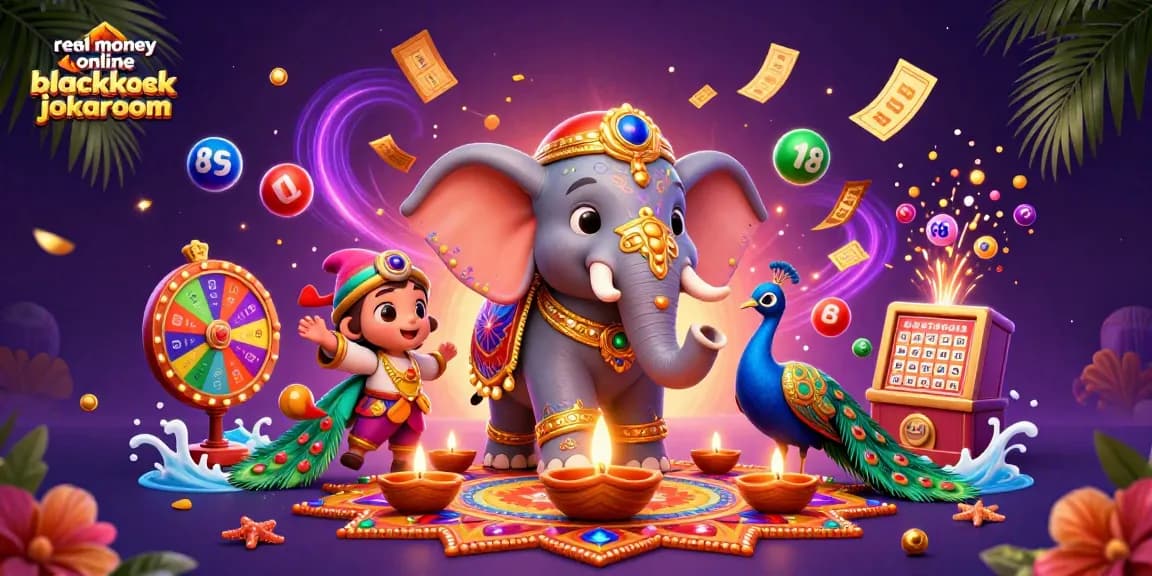 Experience real money online blackjack jokaroom amidst vibrant casino-themed elements and a celebratory atmosphere.