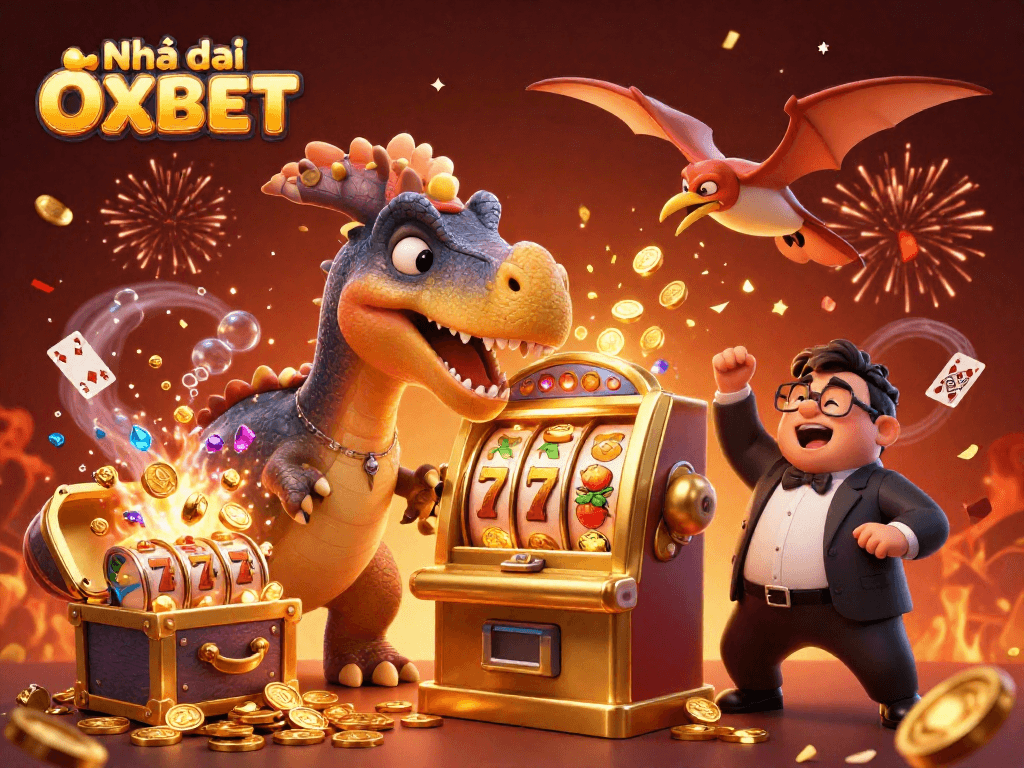 Experience explosive wins at Nhà cái OXBET with a dynamic dinosaur-themed slot jackpot scene.