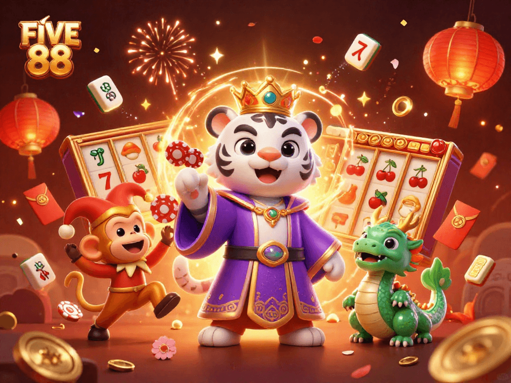 Engage with FIVE 88 through vibrant 3D casino illustration showcasing a lively scene of dynamic gaming.