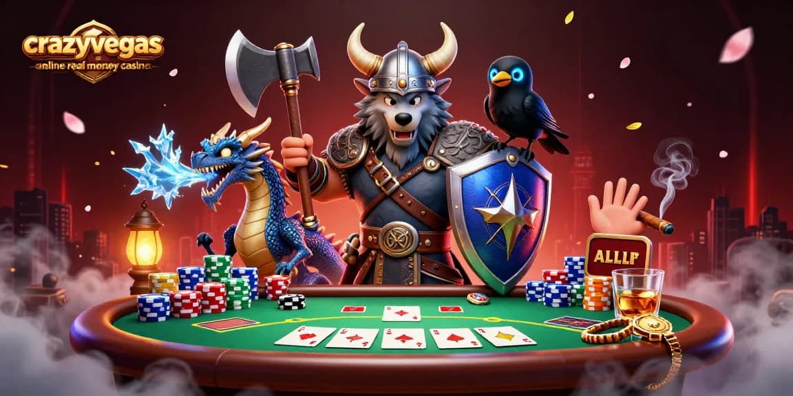 Engage with the excitement at the crazyvegas online real money casino, where a Viking wolf warrior, dragon, and raven celebrate a friendly poker game.