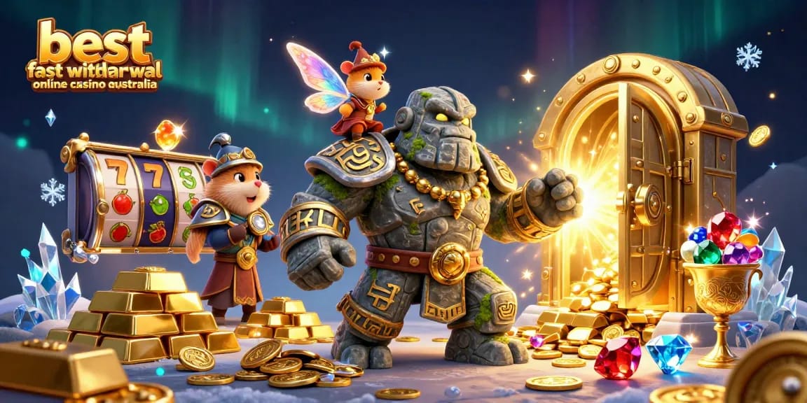 Experience the excitement of the best fast withdrawal online casino Australia with a magical golem and fairy scene.