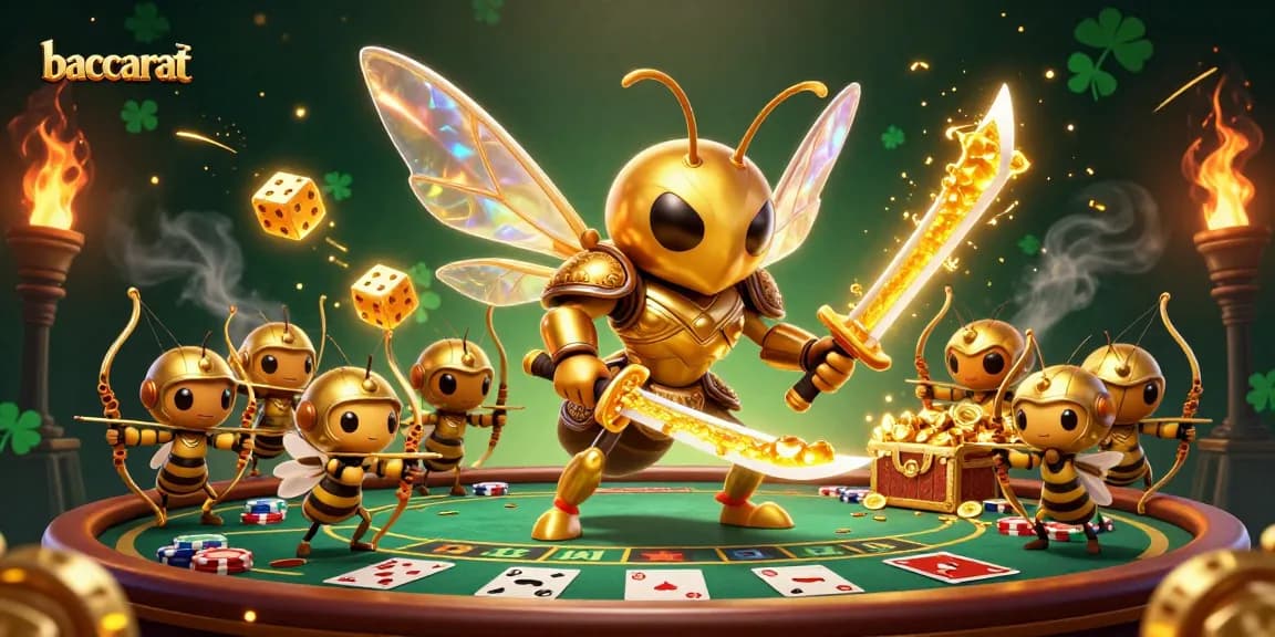 Baccarat scene showcasing a golden hornet samurai surrounded by dynamic gaming elements and a baccarat table.