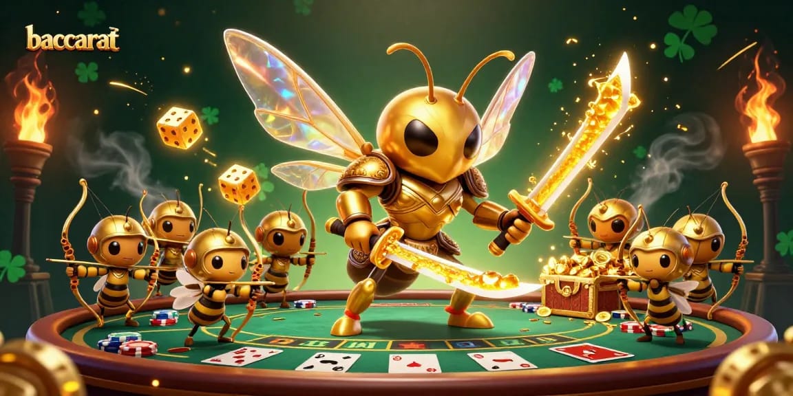Baccarat scene showcasing a golden hornet samurai surrounded by dynamic gaming elements and a baccarat table.