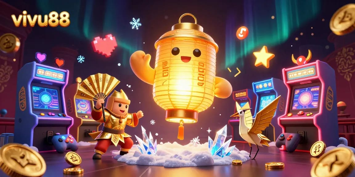 Engage with vivu88's dynamic casino experience featuring a glowing lantern spirit and arcade games.
