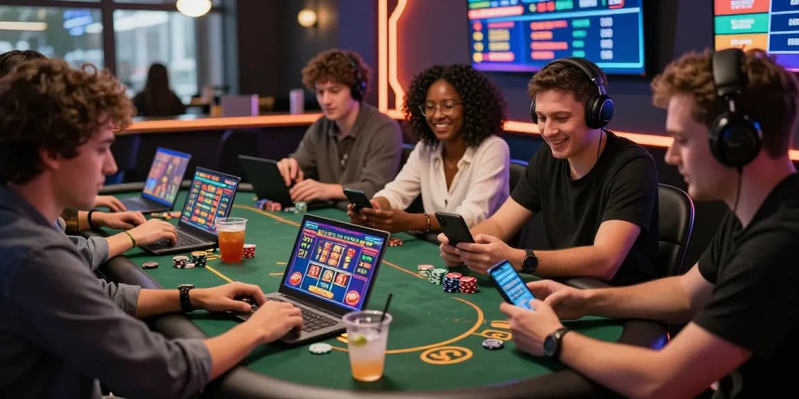 Engaging online gaming scene highlighting rokok88 link alternatif gameplay with friends at a stylish bar setup.
