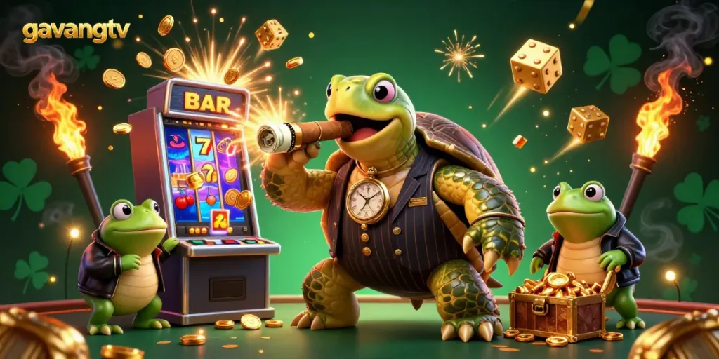 Engage in thrilling gaming fun with gavangtv's vibrant casino scene featuring a mobster turtle and dynamic slots.