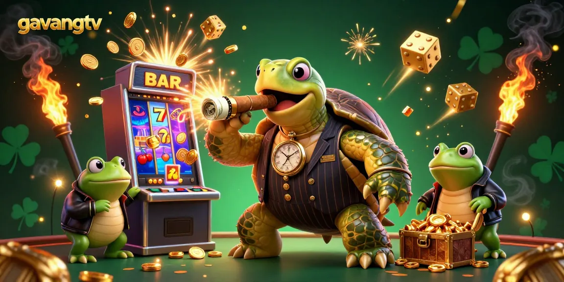 Engage in thrilling gaming fun with gavangtv's vibrant casino scene featuring a mobster turtle and dynamic slots.