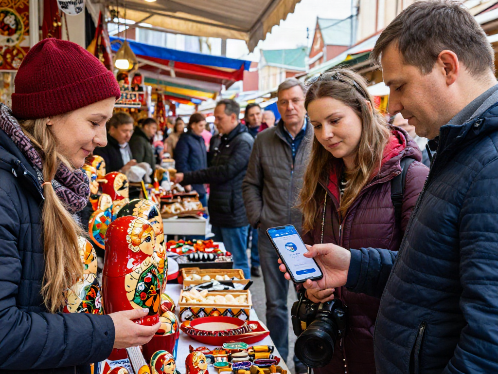 Turistas en un mercado ruso usando https://payinrussia.com/ para pagar productos locales.