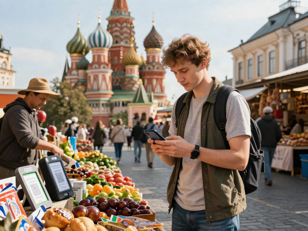 Turista usando https://payinrussia.com/ en un mercado ruso, disfrutando de una experiencia cultural única.
