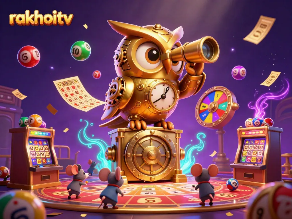 Experience rakhoitv's thrilling casino atmosphere with the golden owl overseeing vibrant games.