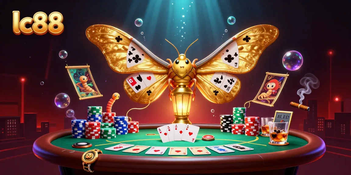 Engage in the excitement of lc88 with golden moths and vibrant poker scenes, showcasing rich casino elements.