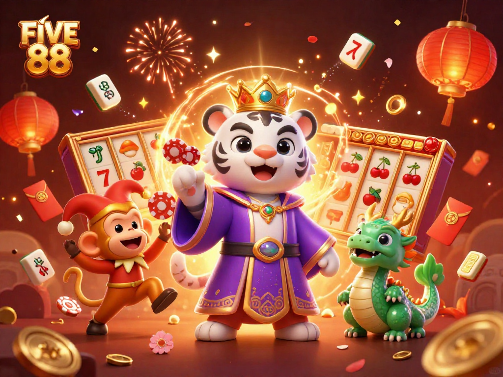 Engage with FIVE 88 through vibrant 3D casino illustration showcasing a lively scene of dynamic gaming.