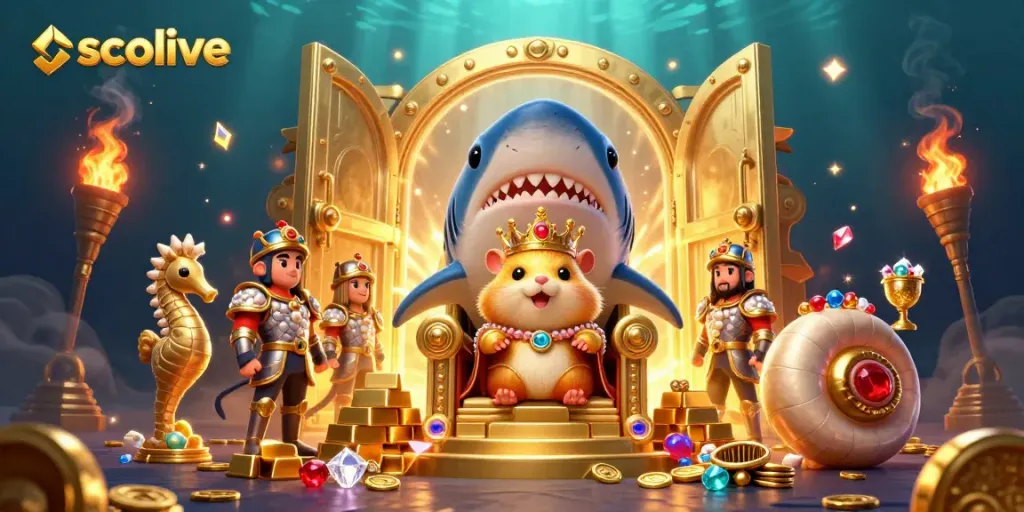 Experience thrilling moments with socolive featuring a playful golden hamster king amidst treasures.