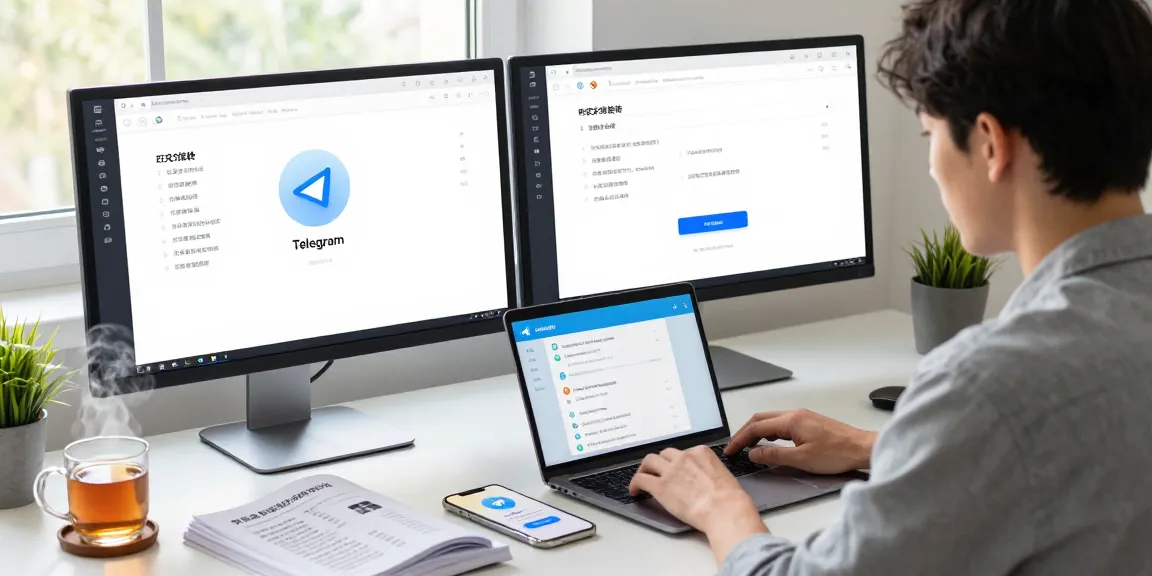 Setting up Telegram Chinese language interface in a modern home office.