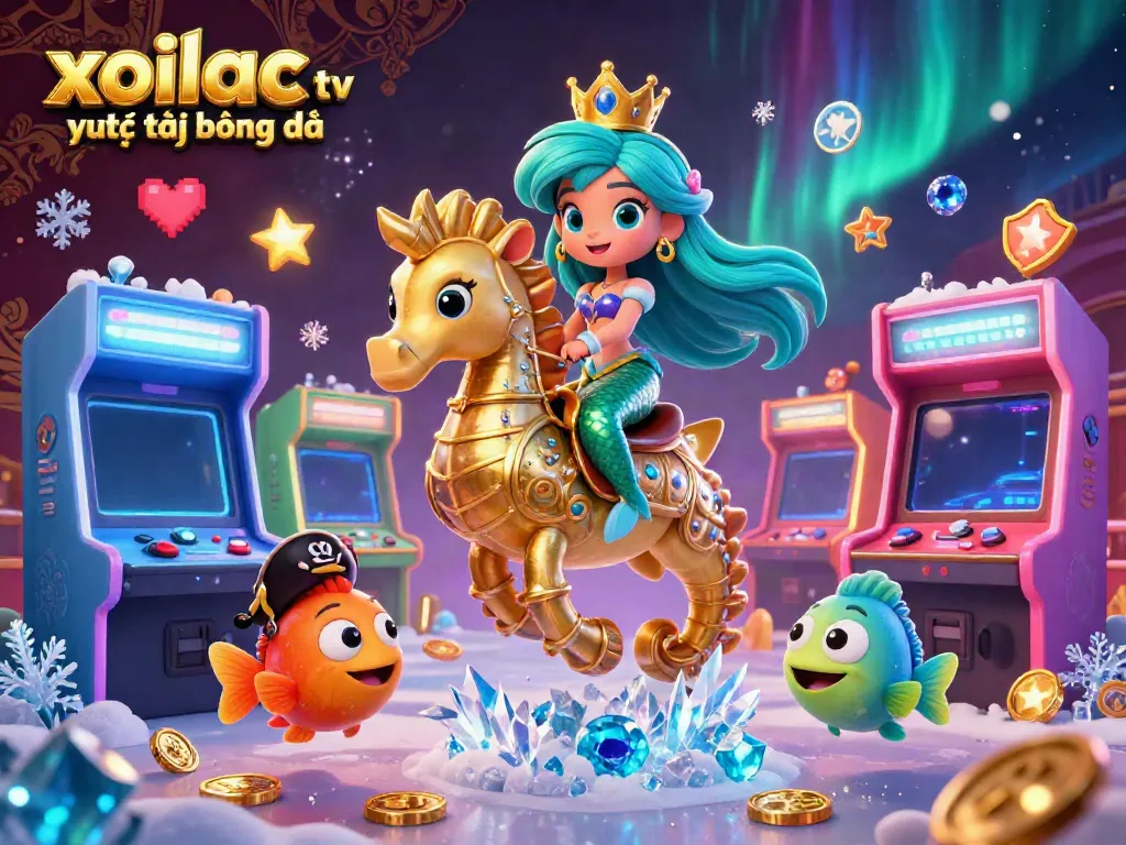 Xoilac tv trực tiếp bóng đá scene showcasing dynamic mermaid characters amidst gaming and casino elements.