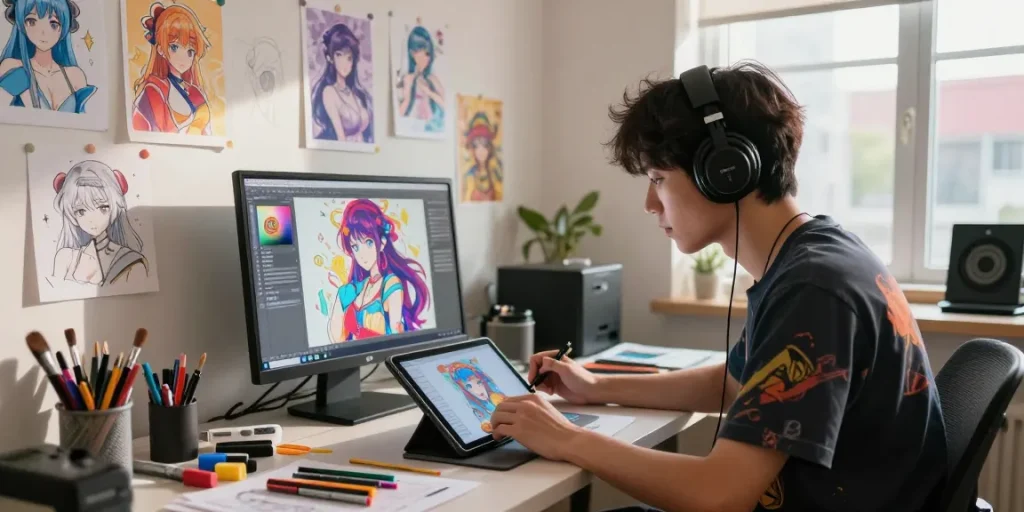 Creating AI hentai art in a vibrant anime studio with sketches and colorful supplies